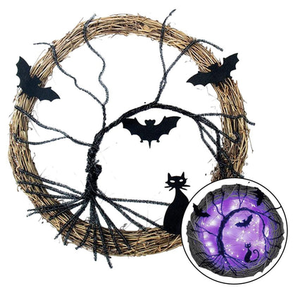 Bat Black Cat Wreath Festive Atmosphere for Front Door Wall Decor (40Cm)