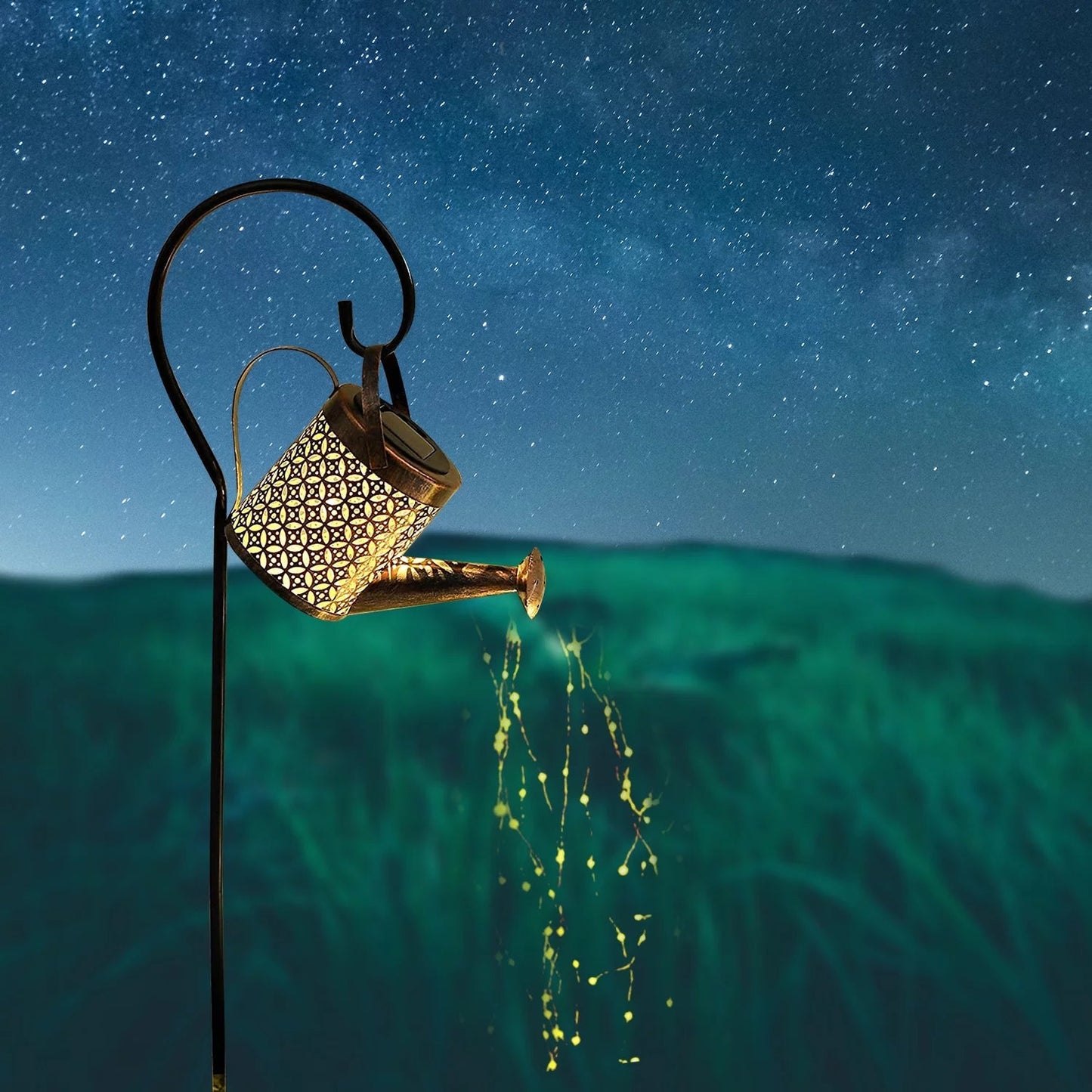 Solar Waterfall Watering Can with Garden Lights & Shepherd Hook