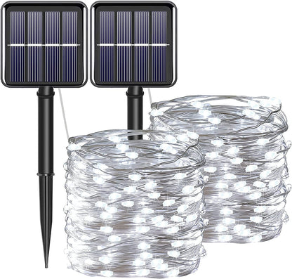 4th of July Patriotic Decorations for Home Outdoor Lights-Red White Blue Solar String Lights,2Pack Each 100LED 33ft 