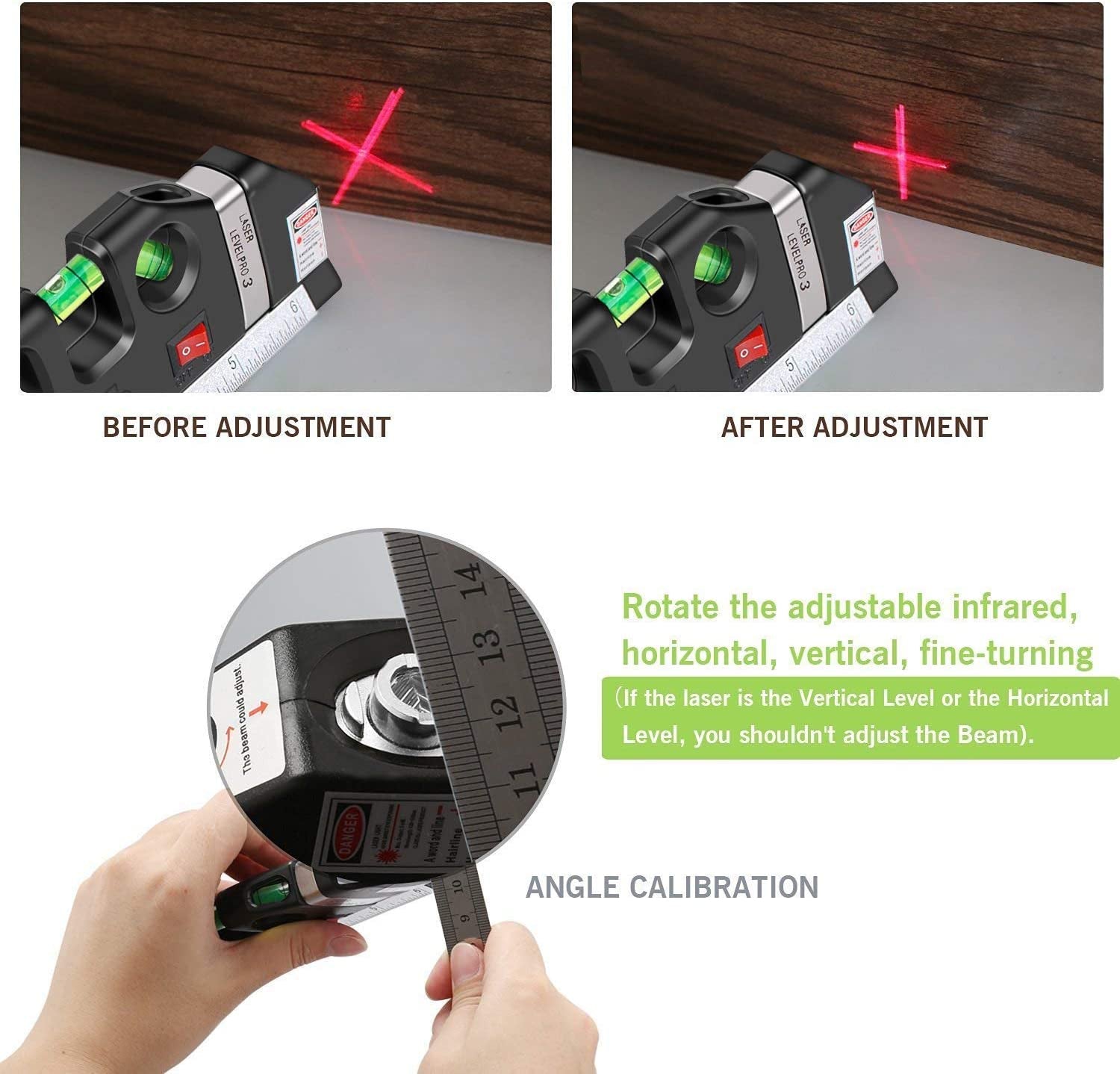 Laser level, Multipurpose Laser tape measure Line 8ft+ Tape Measure Ruler Adjusted Standard and Metric Rulers Update Batteries MICMI A80 (Laser level)