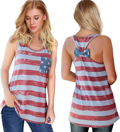 Womens Patriotic American Flag Print Summer Sexy Sleeveless T-Shirts Tank Top