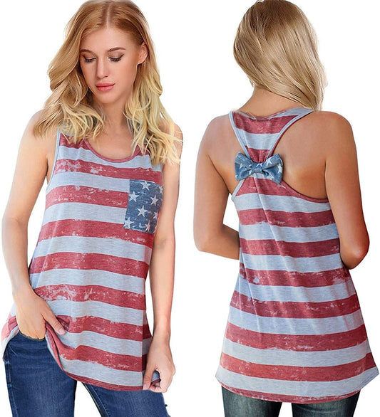 Womens Patriotic American Flag Print Summer Sexy Sleeveless T-Shirts Tank Top
