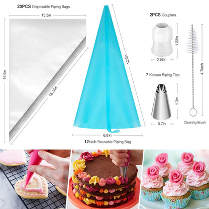 68 Pcs Cake Decorating Kit with 32 Numbered Icing Tips | 7 Korean Piping Tips | 21 Pastry Bags | 3 Cream Scrapers Baking Tools for Cake Lovers