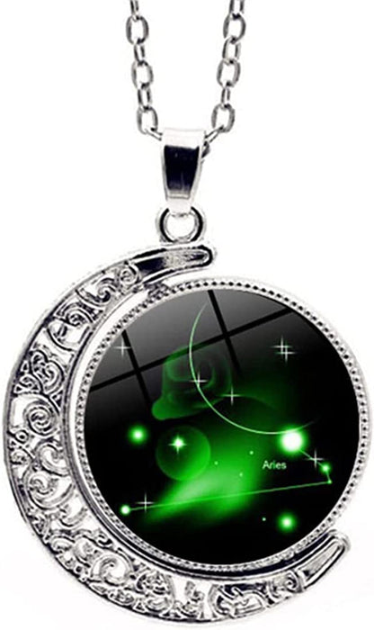 Zodiac Necklace Jewelry Birthday Gifts Astrology 12 Constellation Horoscope Sign Galaxy Crescent Half Moon Pendant Necklace