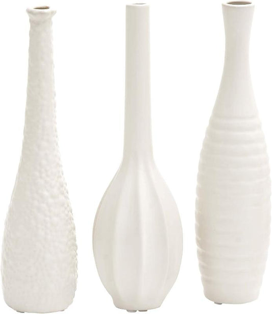 Set of 3 Ceramic Slim Textured Bottleneck Vase with Varying Patterns