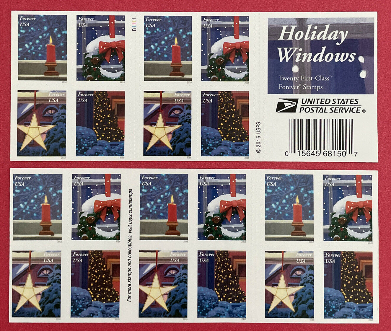 USPS Contemporary Christmas: Holiday Windows 2016 Forever Stamps - Booklet of 20 Postage Stamps