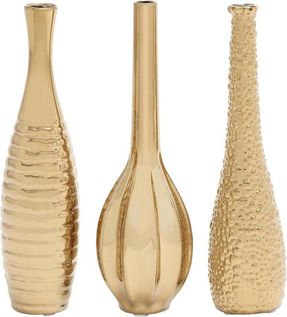 Set of 3 Ceramic Slim Textured Bottleneck Vase with Varying Patterns