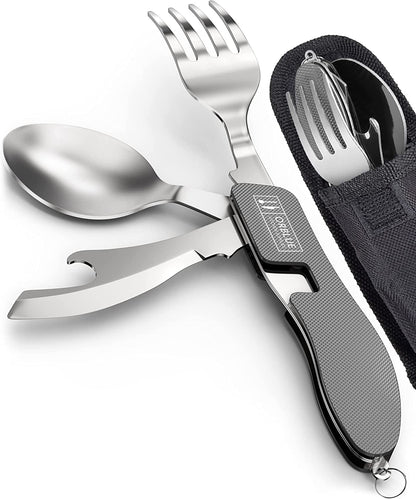 Orblue 4-in-1 Camping Utensils, 2-Pack - Portable Stainless Steel Spoon, Fork, Knife & Bottle Opener Combo Set - Travel, Backpacking Cutlery Multitool, Blue