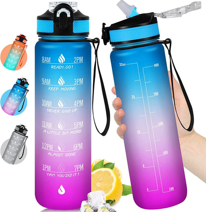  32oz Motivational Water Bottle with Times to Drink,Time Marker & Removable Strainer,Fast Flow,Leakproof Tritan BPA Free Non-Toxic Water Jug for Fitness,Gym,Sports