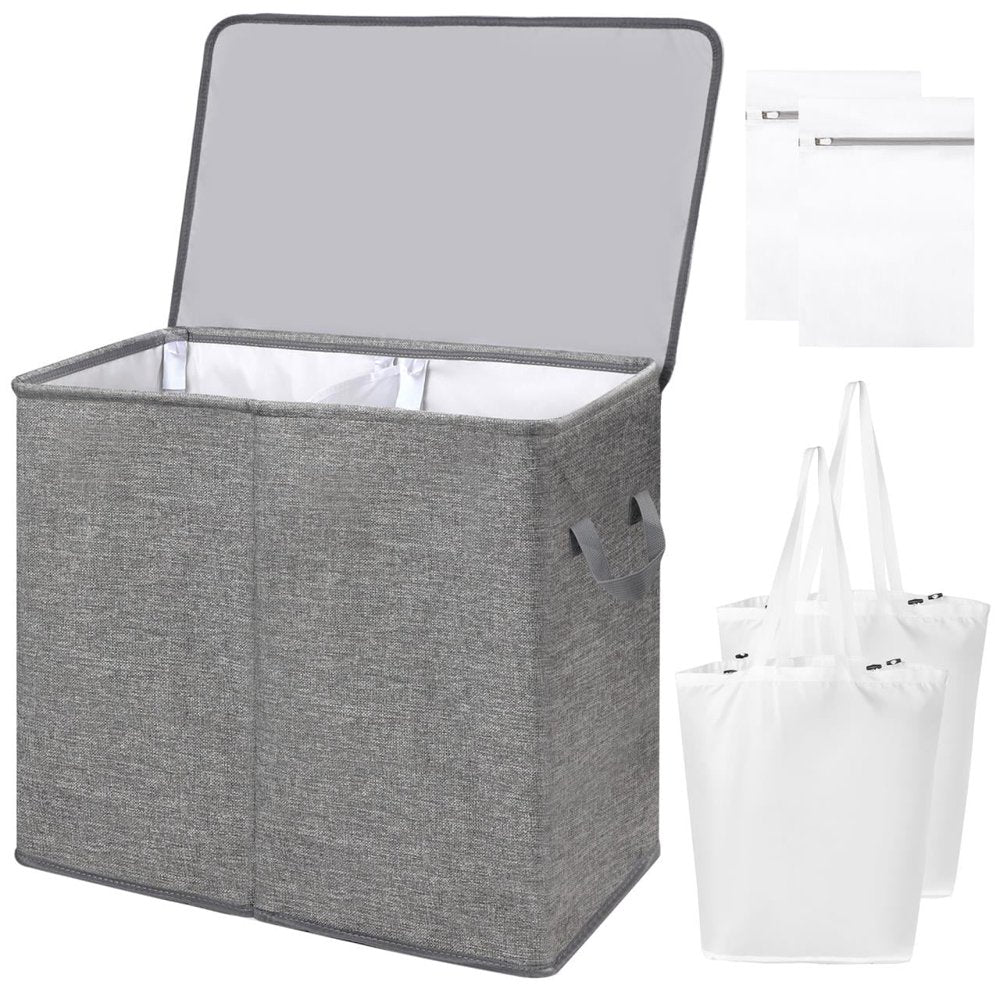 Double Laundry Hamper with Lid and Removable Laundry Bags, Large Collapsible 2 Dividers Dirty Clothes Basket with Handles for Bedroom, Laundry Room, Closet, Bathroom, College, Dark Gray