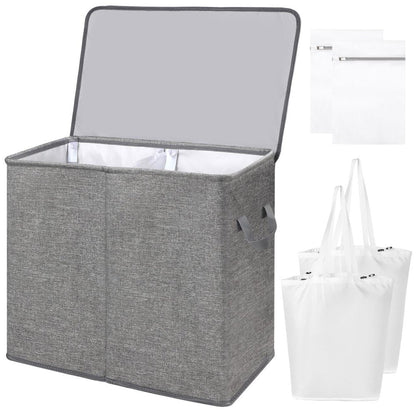 Double Laundry Hamper with Lid and Removable Laundry Bags, Large Collapsible 2 Dividers Dirty Clothes Basket with Handles for Bedroom, Laundry Room, Closet, Bathroom, College, Dark Gray