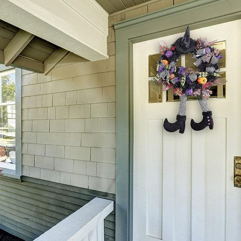 Halloween Wreath with Hat Legs Pumpkin Door Hanging Garland Front Door for Halloween Decorations