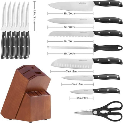 15-Piece Professional Chef Knife Set with Wooden Block, High Carbon Stainless Steel With Scissors, Knife Sharpener and 6 Serrated Steak Knives