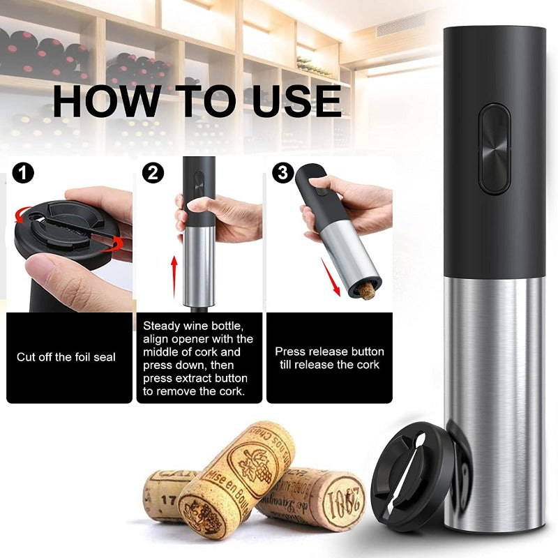 Electric Wine Bottle Opener with Foil Cutter, Battery Operated Stainless Steel 