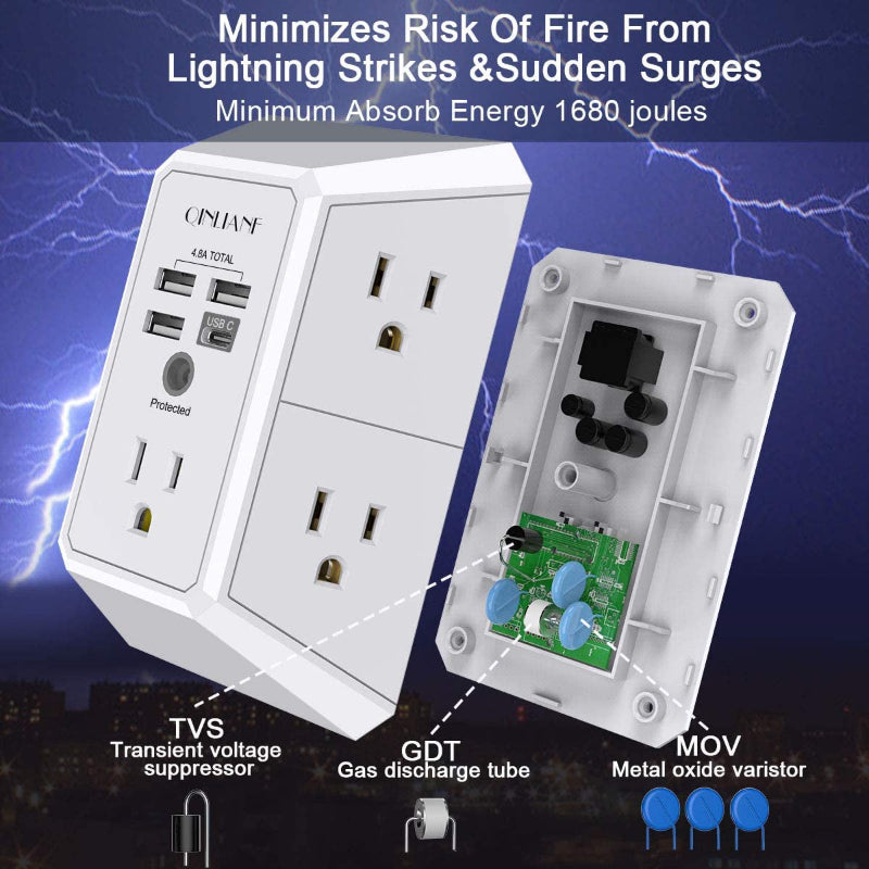 Wall Charger Surge Protector, 5-Outlet Extender with 4 USB Ports (4.8A), 1680J Power Strip