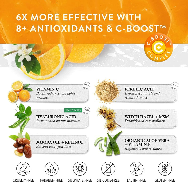 Organic 20% Vitamin C Serum for Face w/ Hyaluronic Acid + Retinal - Reduce Wrinkles & Dark Spots