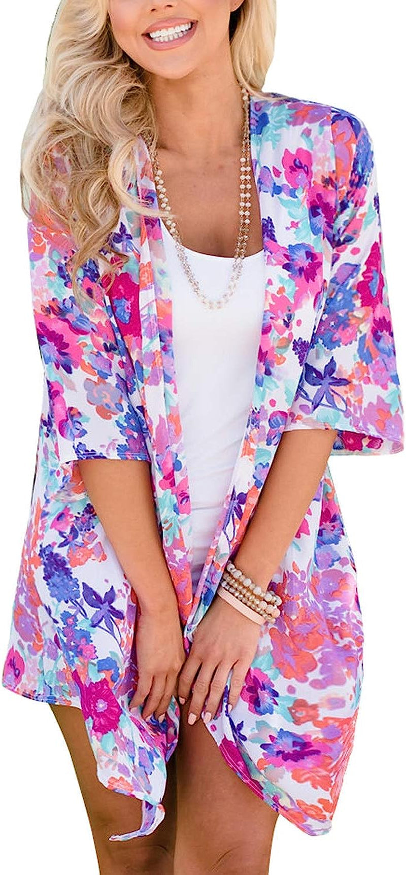  Women's Flowy Summer Chiffon Kimono Cardigans Tops Boho Floral Beach Cover Ups Casual Loose Shirts