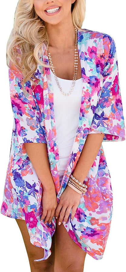  Women's Flowy Summer Chiffon Kimono Cardigans Tops Boho Floral Beach Cover Ups Casual Loose Shirts