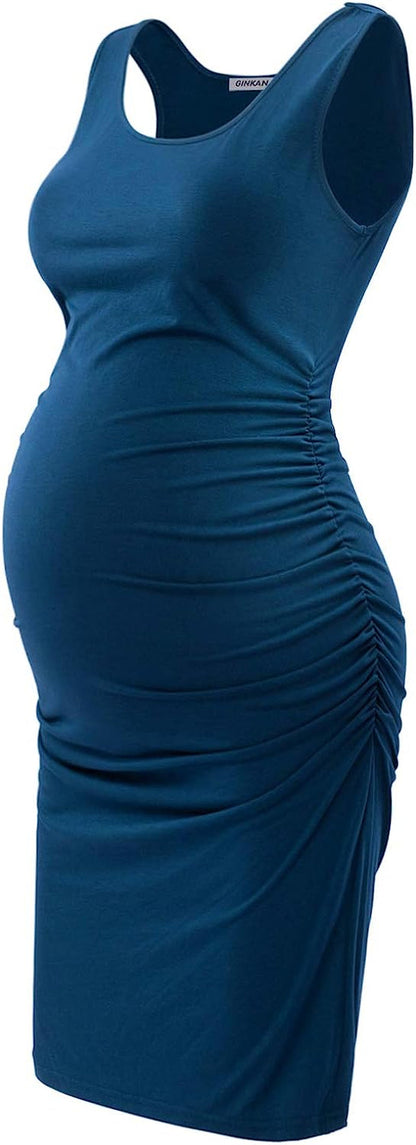  Maternity Tank Dress Bodycon Sleeveless Casual Short Ruched Midi Fitted Dress for Pregnant Women
