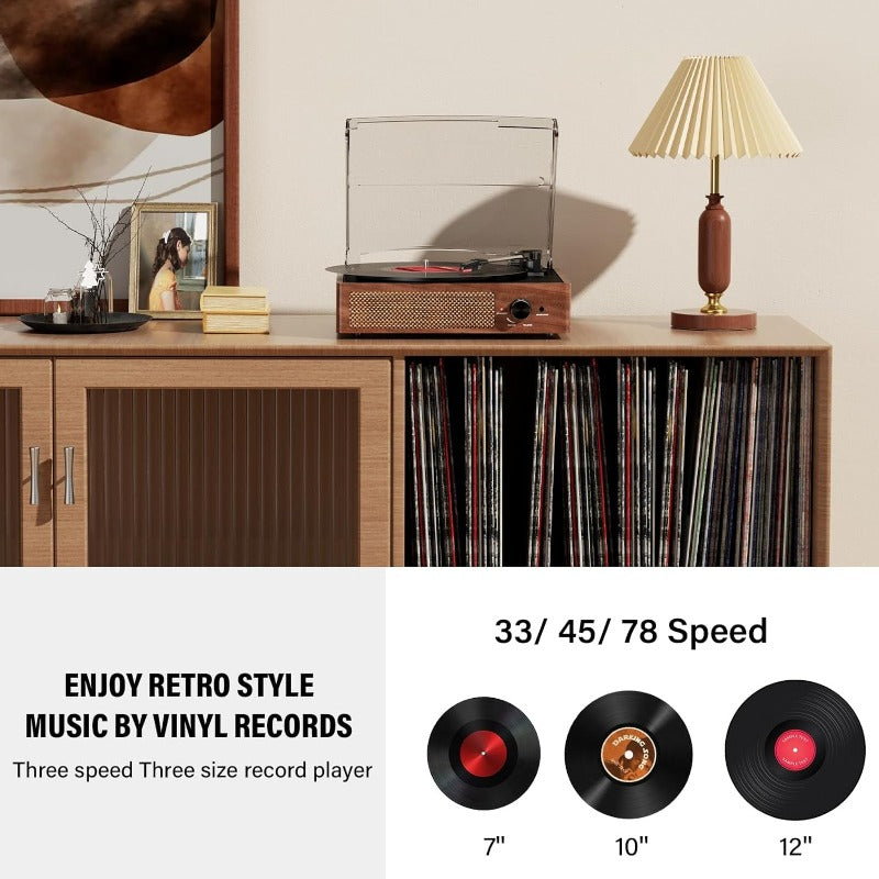 Vinyl Record Player Vintage Turntable for Vinyl Records with Speakers Belt-Driven Turntables Supports 3-Speeds, Bluetooth Wireless Playback
