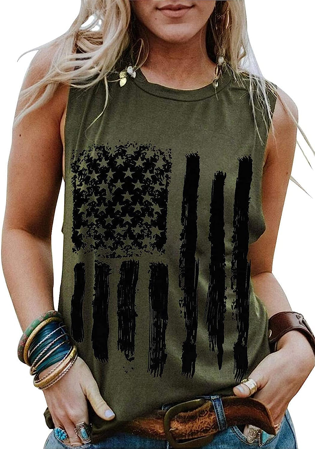  Women's American Flag Camo Sleeveless Tank Tops 4th of July Racerback Bowknot Stripes Patriotic T Shirts