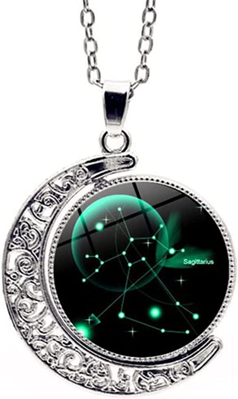 Zodiac Necklace Jewelry Birthday Gifts Astrology 12 Constellation Horoscope Sign Galaxy Crescent Half Moon Pendant Necklace