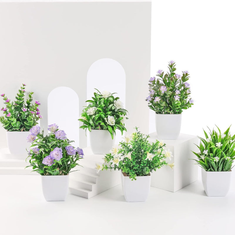 Pack of Mini Artificial Plants with Flowers, Small Faux Plants for Indoor Decor