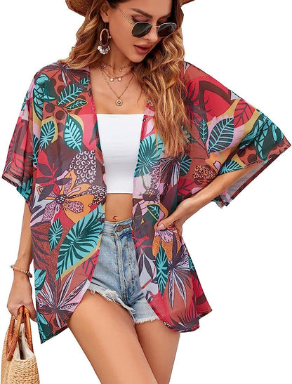  Women Floral Leaf Kimono Summer Cardigan Sheer Loose Half Sleeve Beach Shawl Chiffon Cover Up Casual Blouse Tops