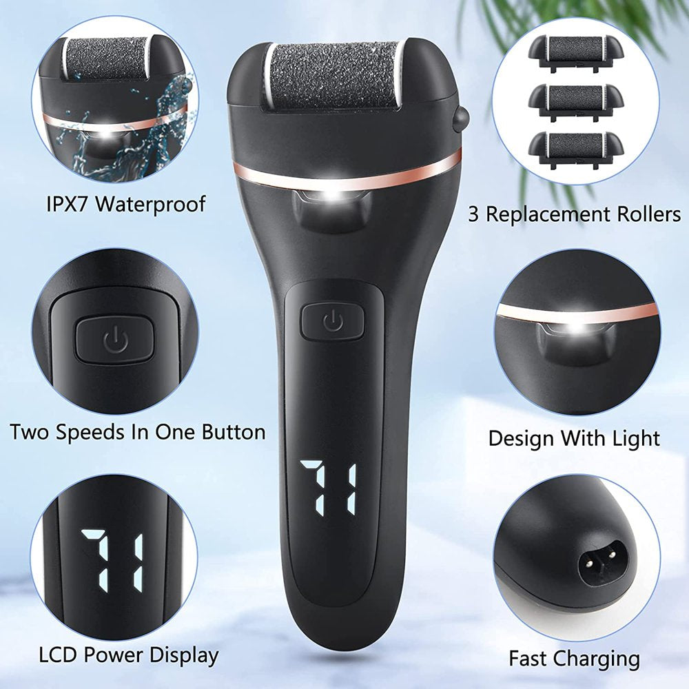 Electric Callus Remover for Feet, Rechargeable Pedicure Tool, Callus Remover Kit with 3 Roller Heads,2 Speed, Battery Display