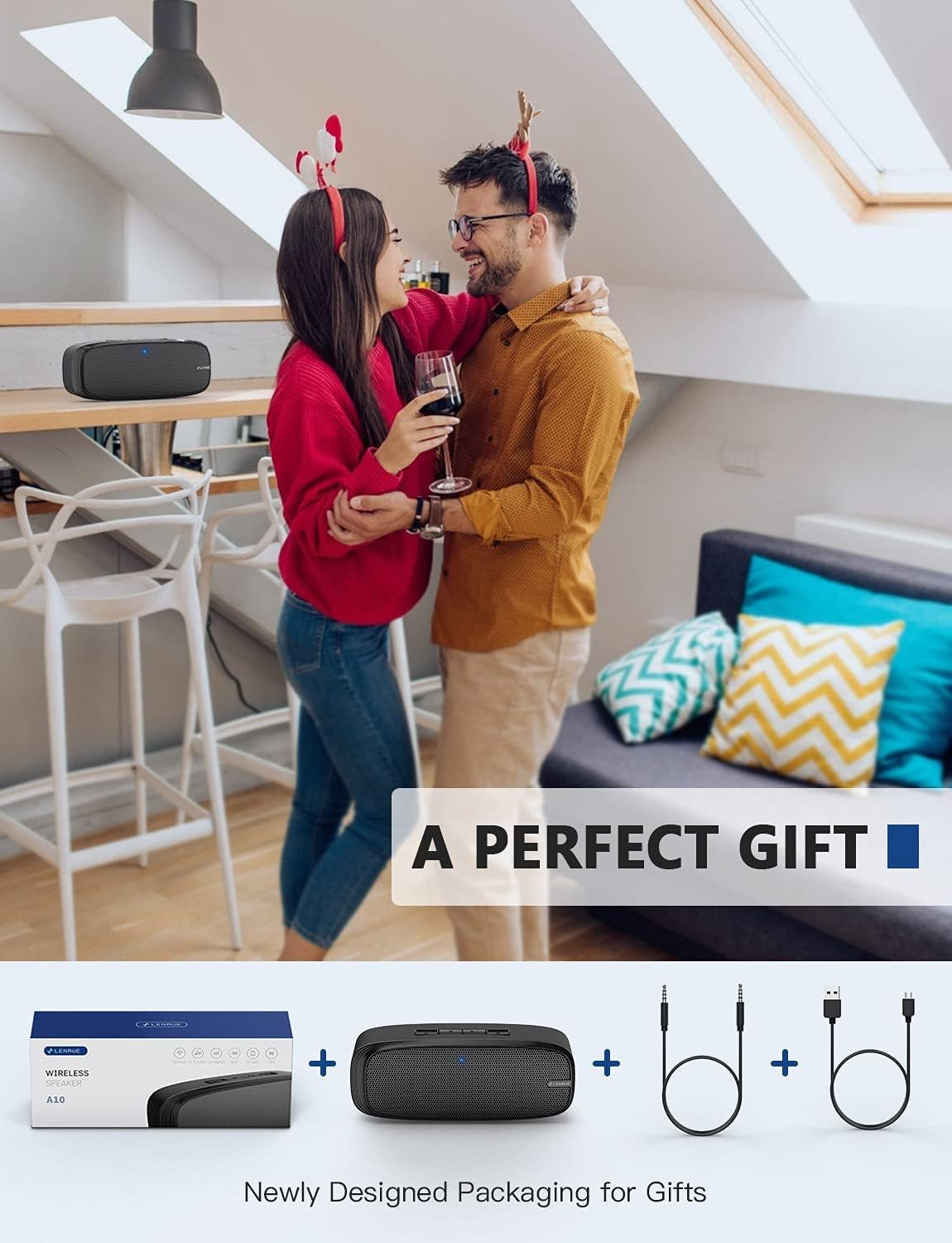 Wireless Portable Bluetooth Speaker with Loud Stereo Sound, Rich Bass, 12-Hour Playtime & Built-in Mic