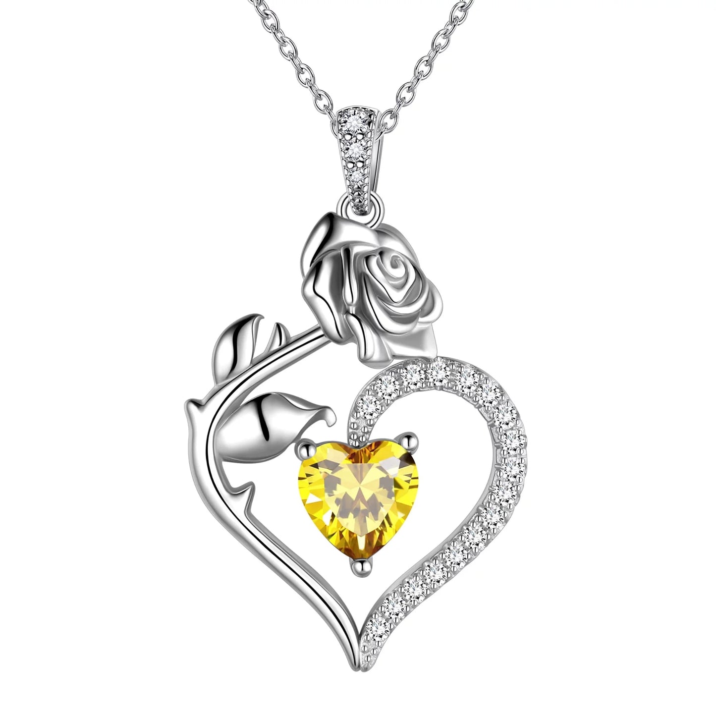 925 Sterling Silver Birthstone Necklace -  Rose Flower Heart Pendant with Chain