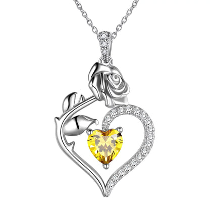 925 Sterling Silver Birthstone Necklace -  Rose Flower Heart Pendant with Chain