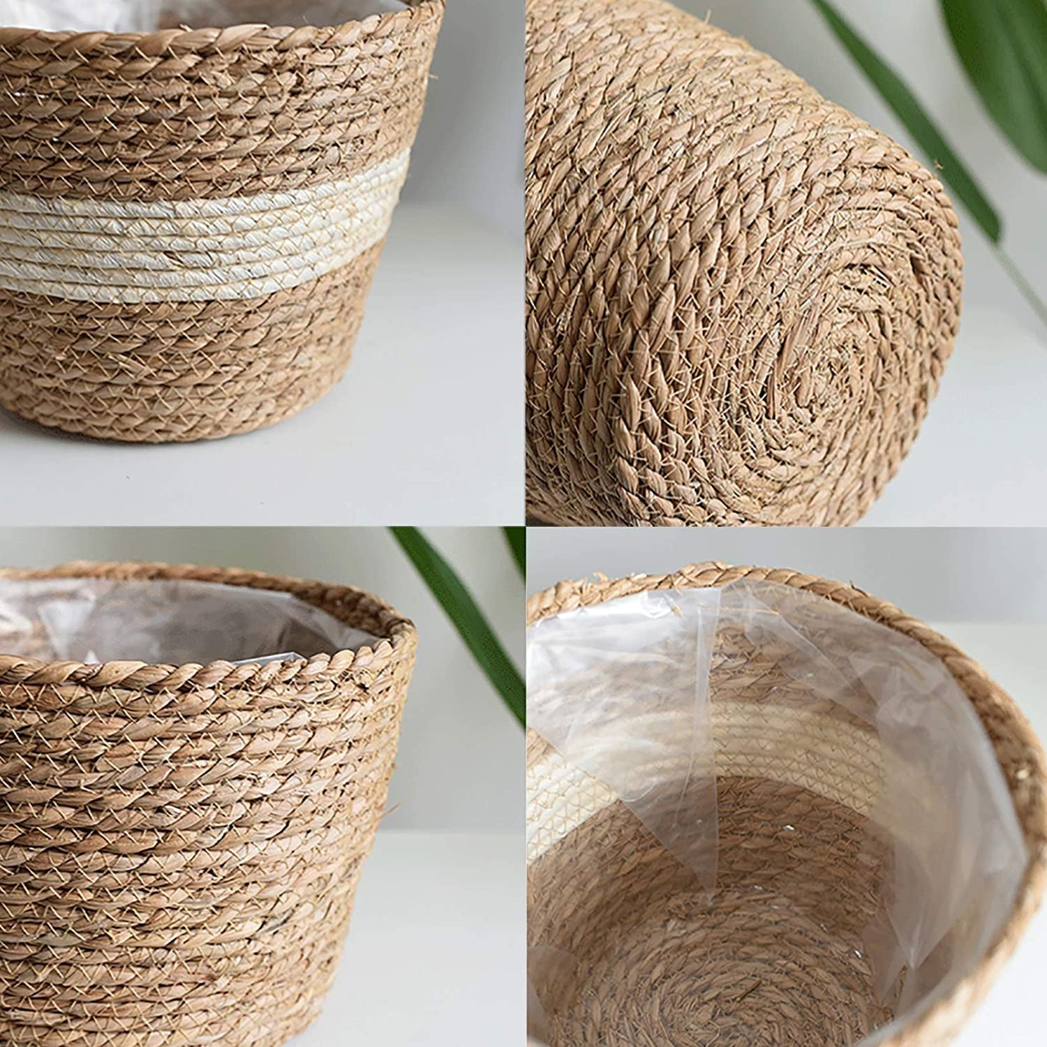  Seagrass Basket Planters, Flower Pots Cover Storage Basket Plant Containers Hand Woven Basket Planter with Plastic Liners Straw Flower Pot for Indoor Outdoor Plant Flower Pots