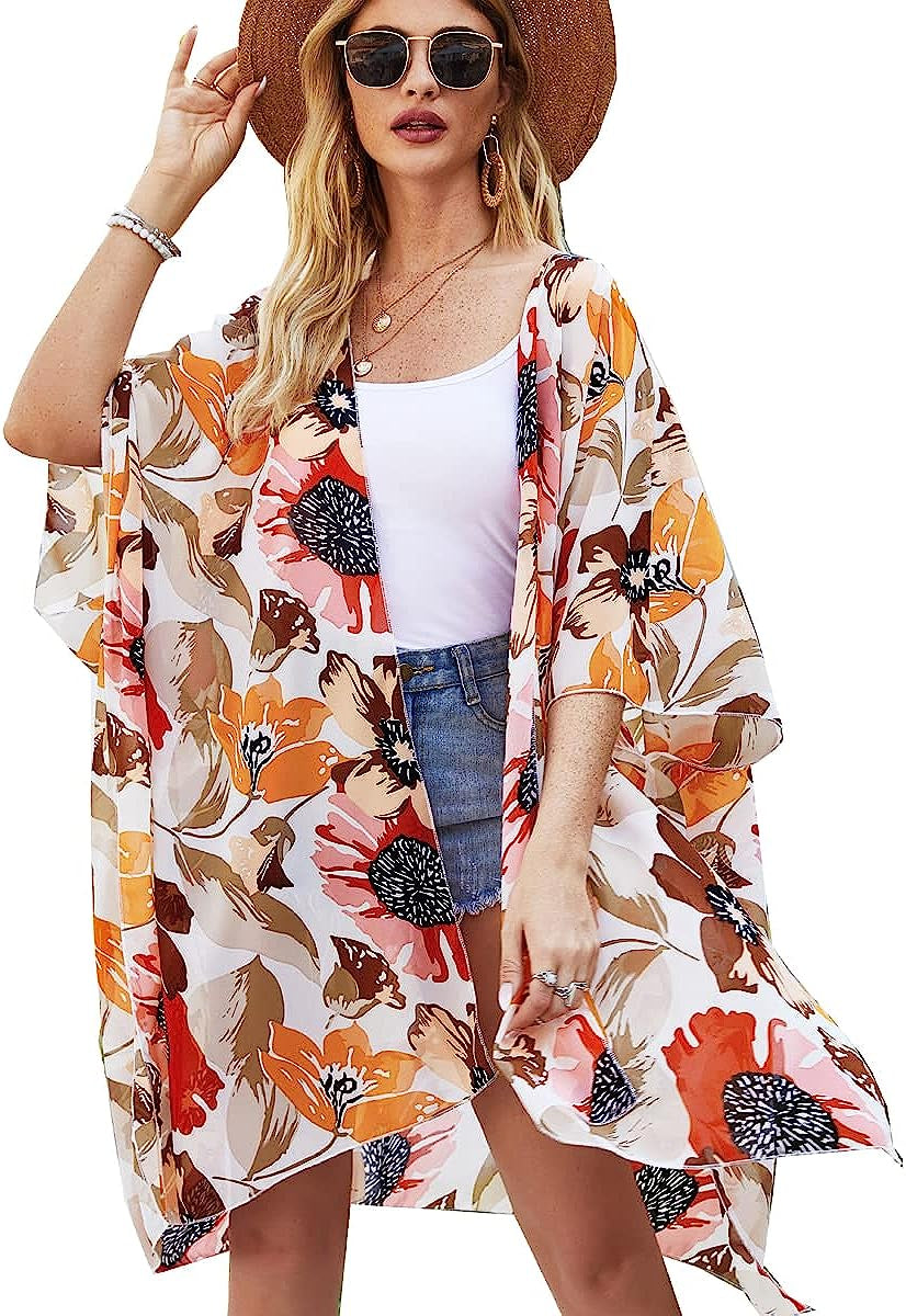 Women Floral Leaf Kimono Summer Cardigan Sheer Loose Half Sleeve Beach Shawl Chiffon Cover Up Casual Blouse Tops