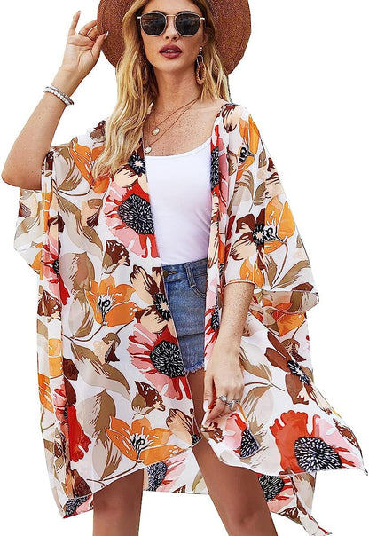  Women Floral Leaf Kimono Summer Cardigan Sheer Loose Half Sleeve Beach Shawl Chiffon Cover Up Casual Blouse Tops