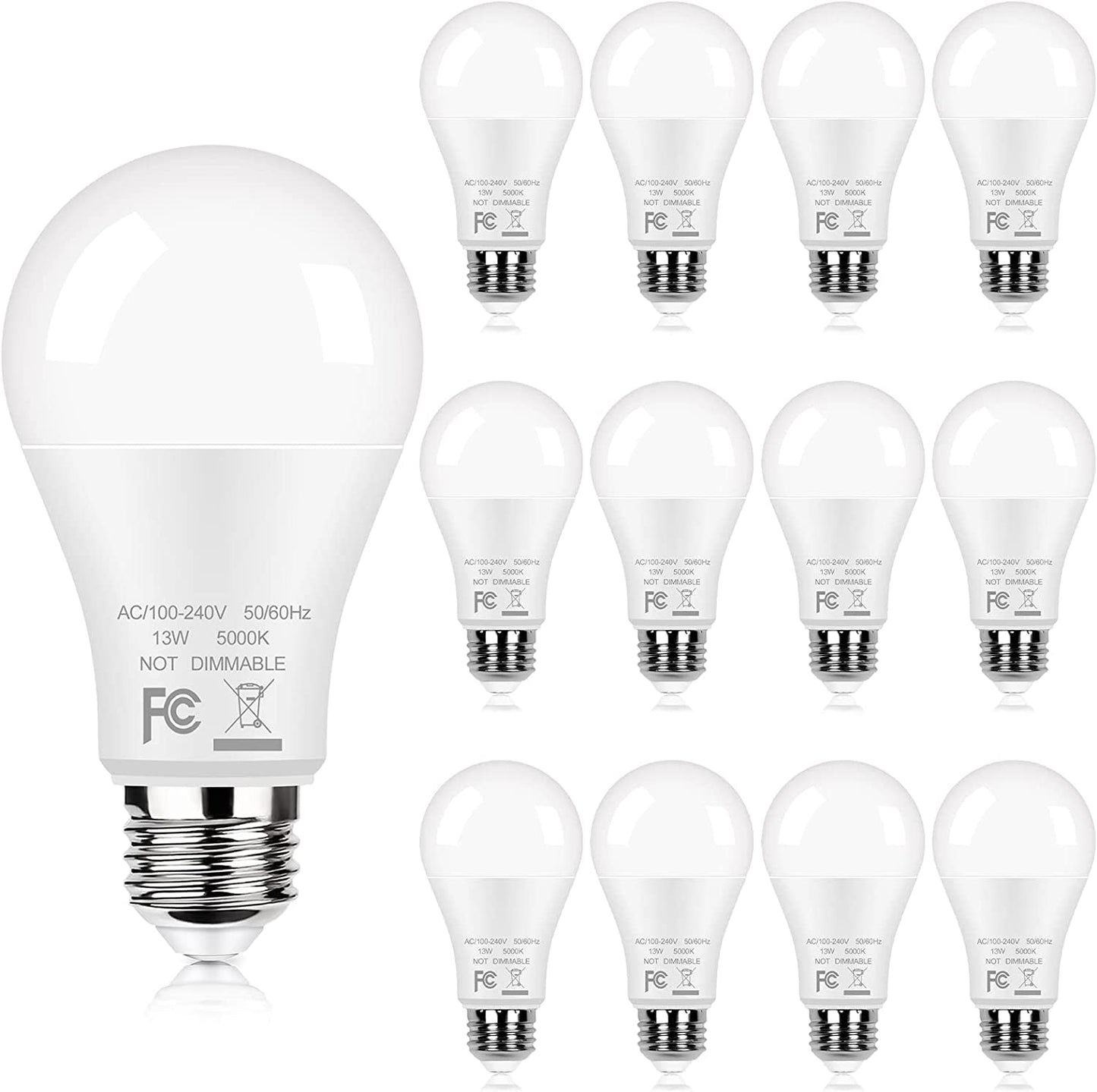 12-Pack A19 LED Light Bulbs, 100W Equivalent Bulbs, 13W 5000K Daylight White LED Bulbs with Standard E26 Medium Base