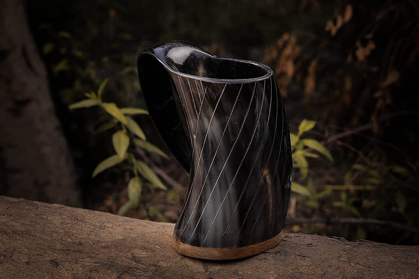 Engraved Medieval Norse Style Polished Drinking Horn Mug - with Horn Shot Glass | Bottle Opener | Golden Gift Bag | Large Horn Spoon | 20 Oz. (Carved Mug)