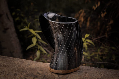 Engraved Medieval Norse Style Polished Drinking Horn Mug - with Horn Shot Glass | Bottle Opener | Golden Gift Bag | Large Horn Spoon | 20 Oz. (Carved Mug)