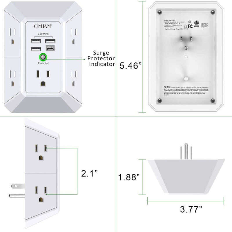 Wall Charger Surge Protector, 5-Outlet Extender with 4 USB Ports (4.8A), 1680J Power Strip
