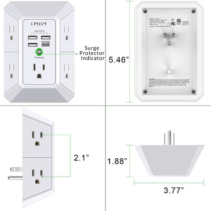 Wall Charger Surge Protector, 5-Outlet Extender with 4 USB Ports (4.8A), 1680J Power Strip