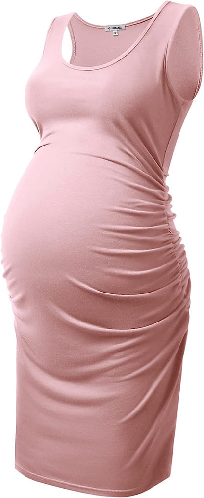  Maternity Tank Dress Bodycon Sleeveless Casual Short Ruched Midi Fitted Dress for Pregnant Women