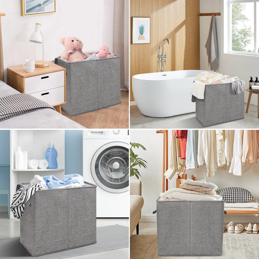 Double Laundry Hamper with Lid and Removable Laundry Bags, Large Collapsible 2 Dividers Dirty Clothes Basket with Handles for Bedroom, Laundry Room, Closet, Bathroom, College, Dark Gray