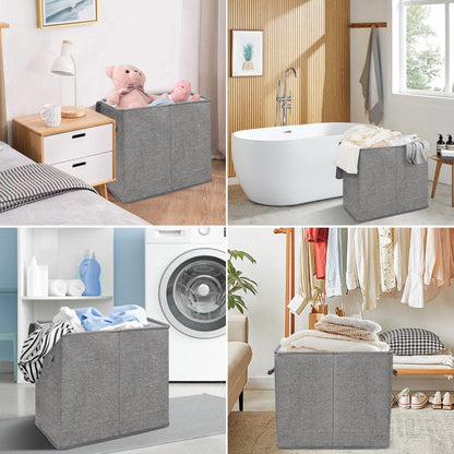Double Laundry Hamper with Lid and Removable Laundry Bags, Large Collapsible 2 Dividers Dirty Clothes Basket with Handles for Bedroom, Laundry Room, Closet, Bathroom, College, Dark Gray