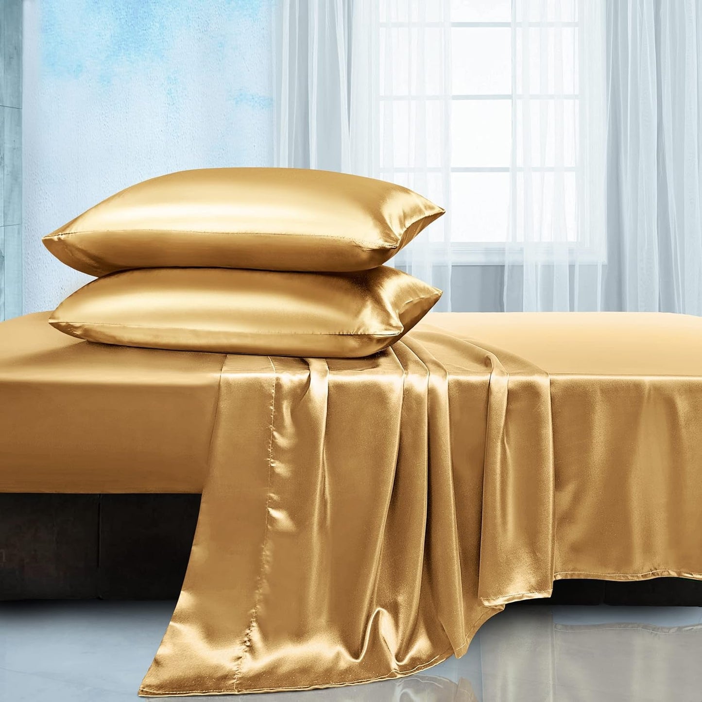 Soft Silky Satin Sheets Set, Luxury Bedding Sheet Set(1 Satin Fitted Sheet, 1 Satin Flat Sheet, 2 Satin Pillow Cases(Twin/1Pillow Case)