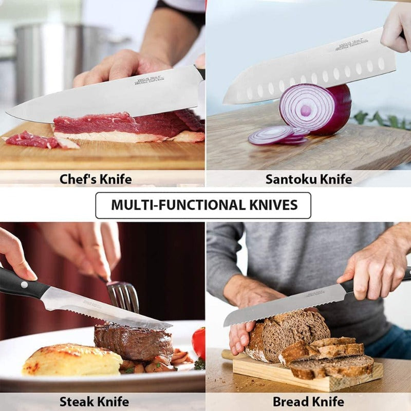15-Piece Professional Chef Knife Set with Wooden Block, High Carbon Stainless Steel With Scissors, Knife Sharpener and 6 Serrated Steak Knives