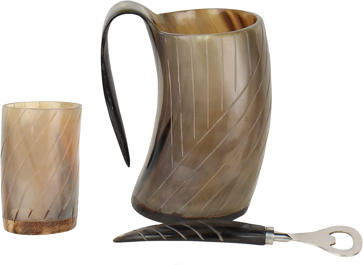 Engraved Medieval Norse Style Polished Drinking Horn Mug - with Horn Shot Glass | Bottle Opener | Golden Gift Bag | Large Horn Spoon | 20 Oz. (Carved Mug)