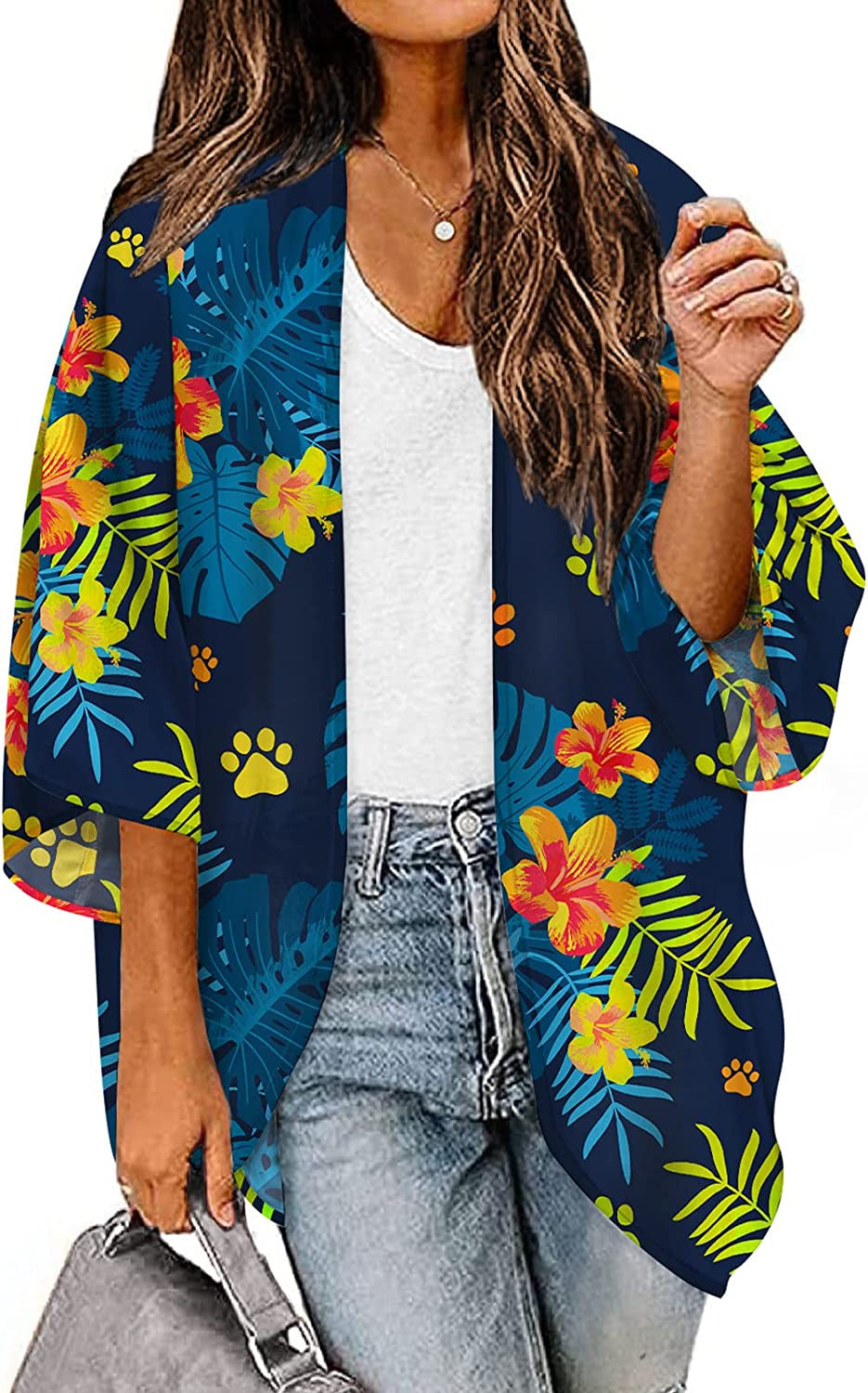  Women's Flowy Summer Chiffon Kimono Cardigans Tops Boho Floral Beach Cover Ups Casual Loose Shirts