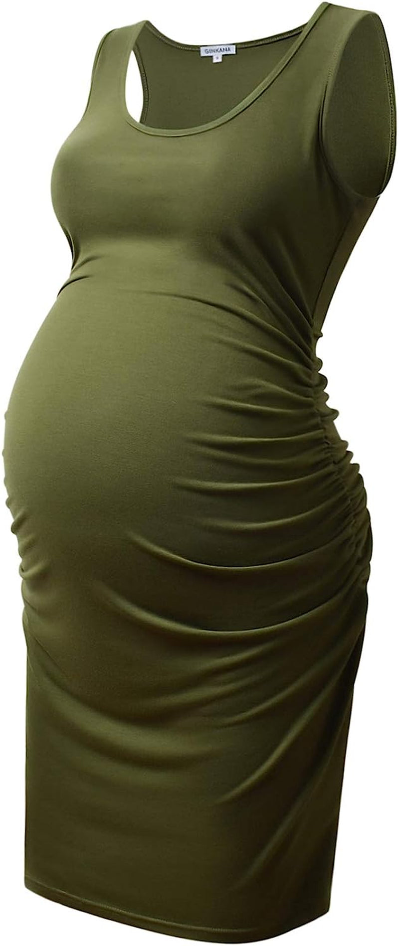  Maternity Tank Dress Bodycon Sleeveless Casual Short Ruched Midi Fitted Dress for Pregnant Women