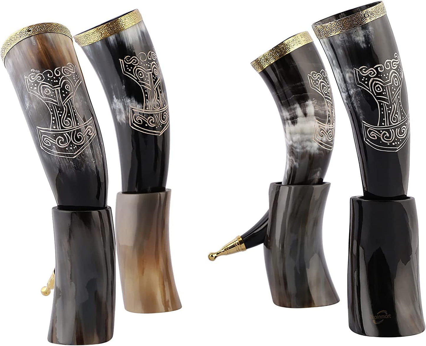 Viking Drinking Horn Mug | Handmade Drinking Horn with Mjolnir Engraved Tankard | Food Safe Medieval Game of Thrones Horn | For Hot & Cold Drink (1 Piece)
