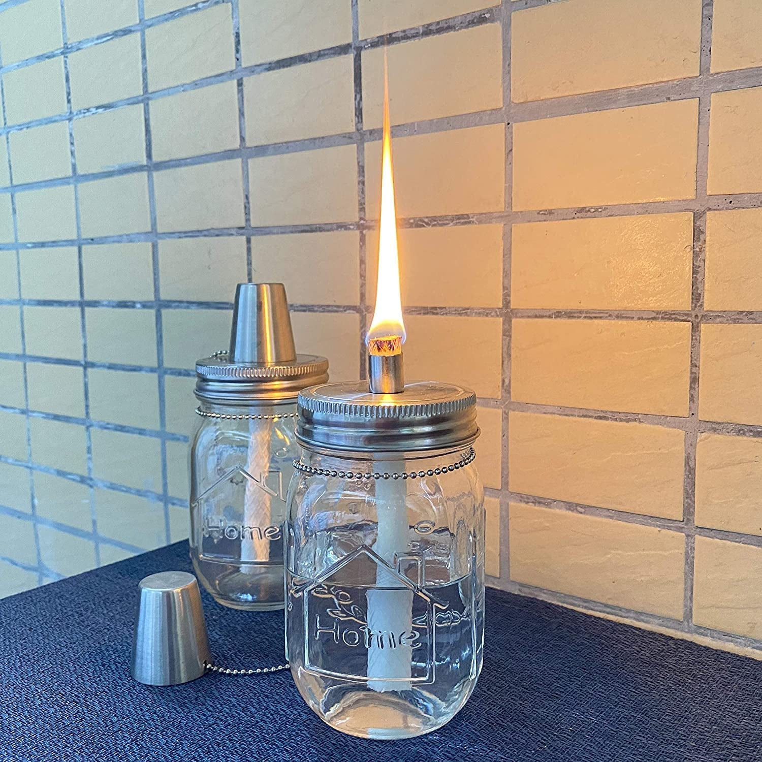 4 Pack Mason Jar Tabletop Torch Kits, Longlife Fiberglass Wicks,Stainless Steel Mason Jar Lids Caps Included,Outdoor Deck Oil Lamp Torch